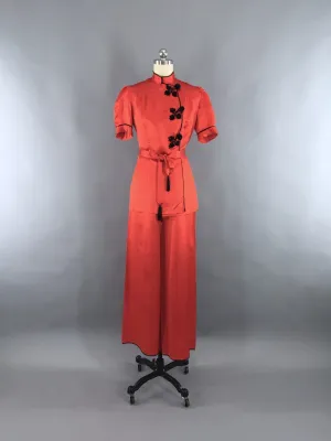 Vintage 1930s Pajamas / Red Silk Satin Loungewear Set